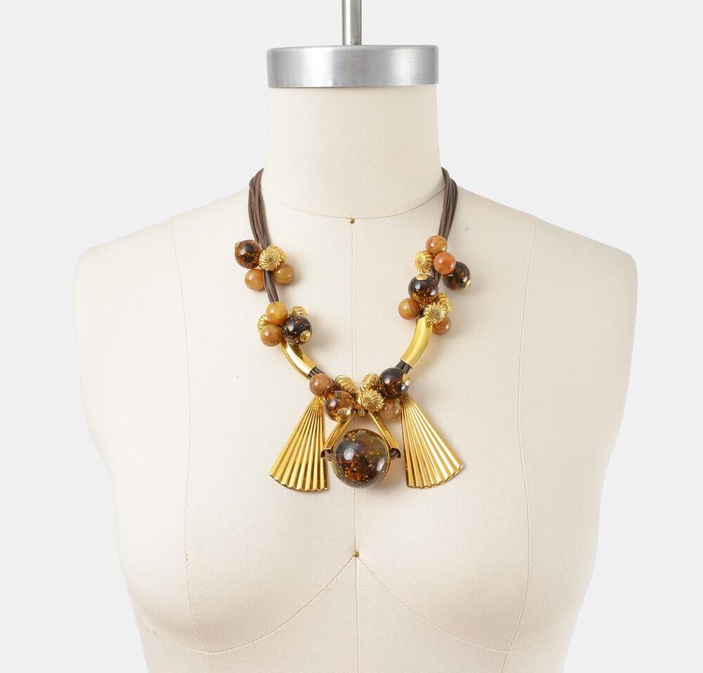 Vintage Safi Statement Necklace Gold Tone & Faux Amber Bead Boho Moroccan